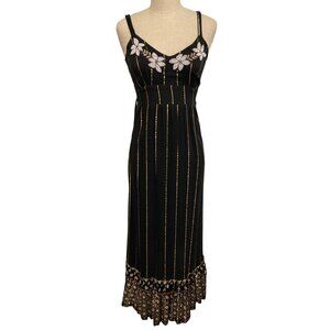 Ananta Black & Gold Striped Midi Dress With Floral Embellishments S/M